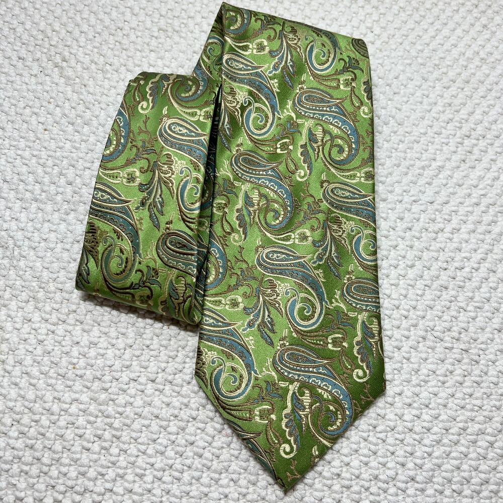 Bocara Mens Silk Tie Green Blue Paisley Extra Long XL 61” x 4”
